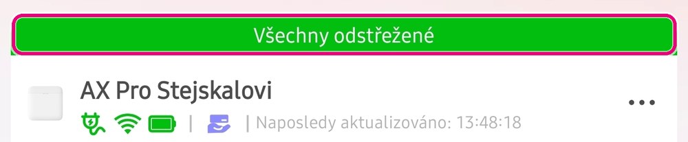 Zelený pruh se stavem Všechny odstřežené nad názvem ústředny