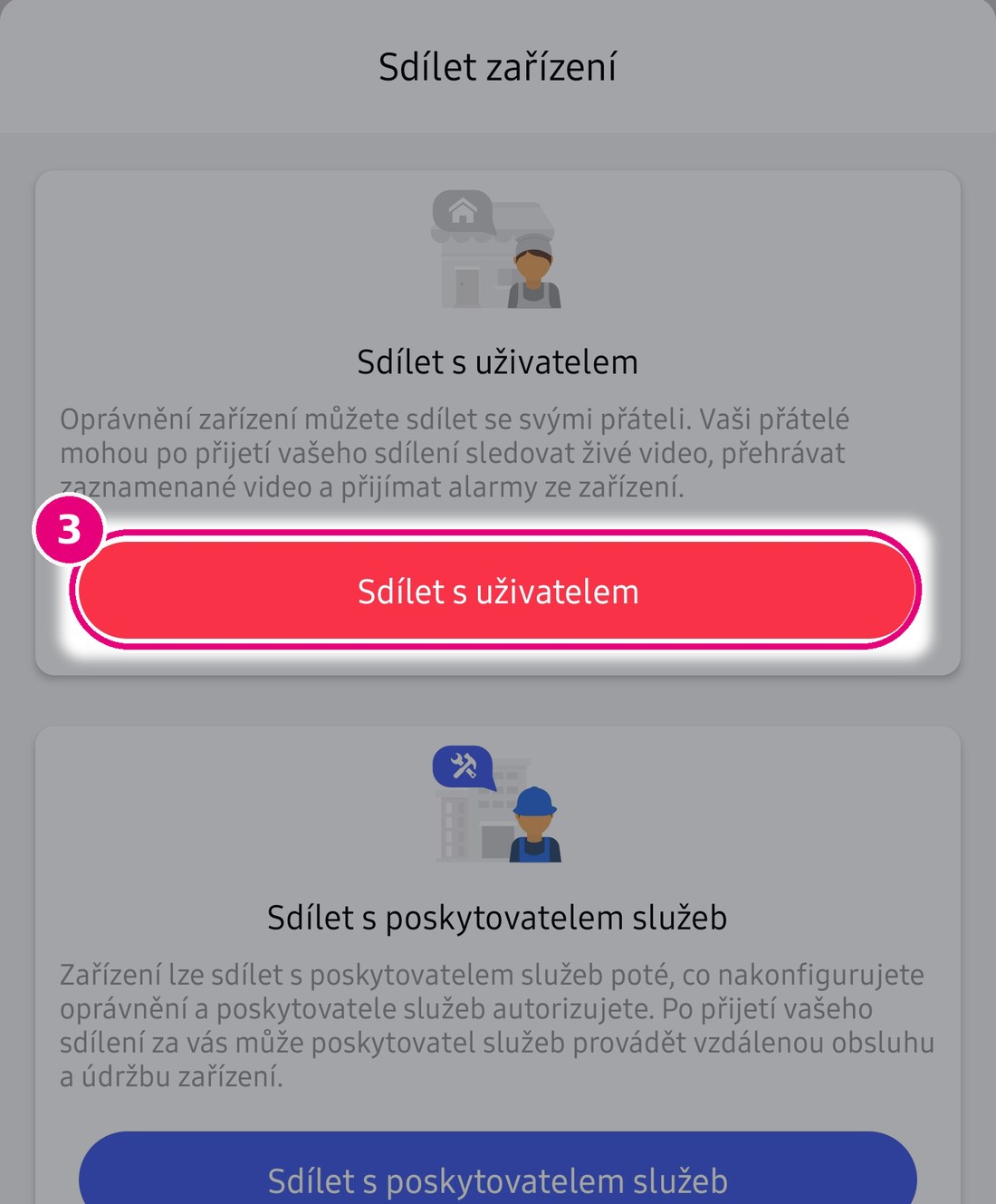 Okno Sdílet zařízení se zvýrazněným červeným tlačítkem Sdílet s uživatelem