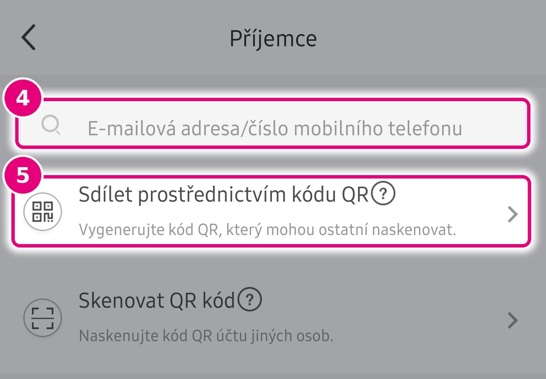Obrazovka Příjemce se zvýrazněným polem pro e-mail nebo telefon a volbou Sdílet prostřednictvím kódu QR