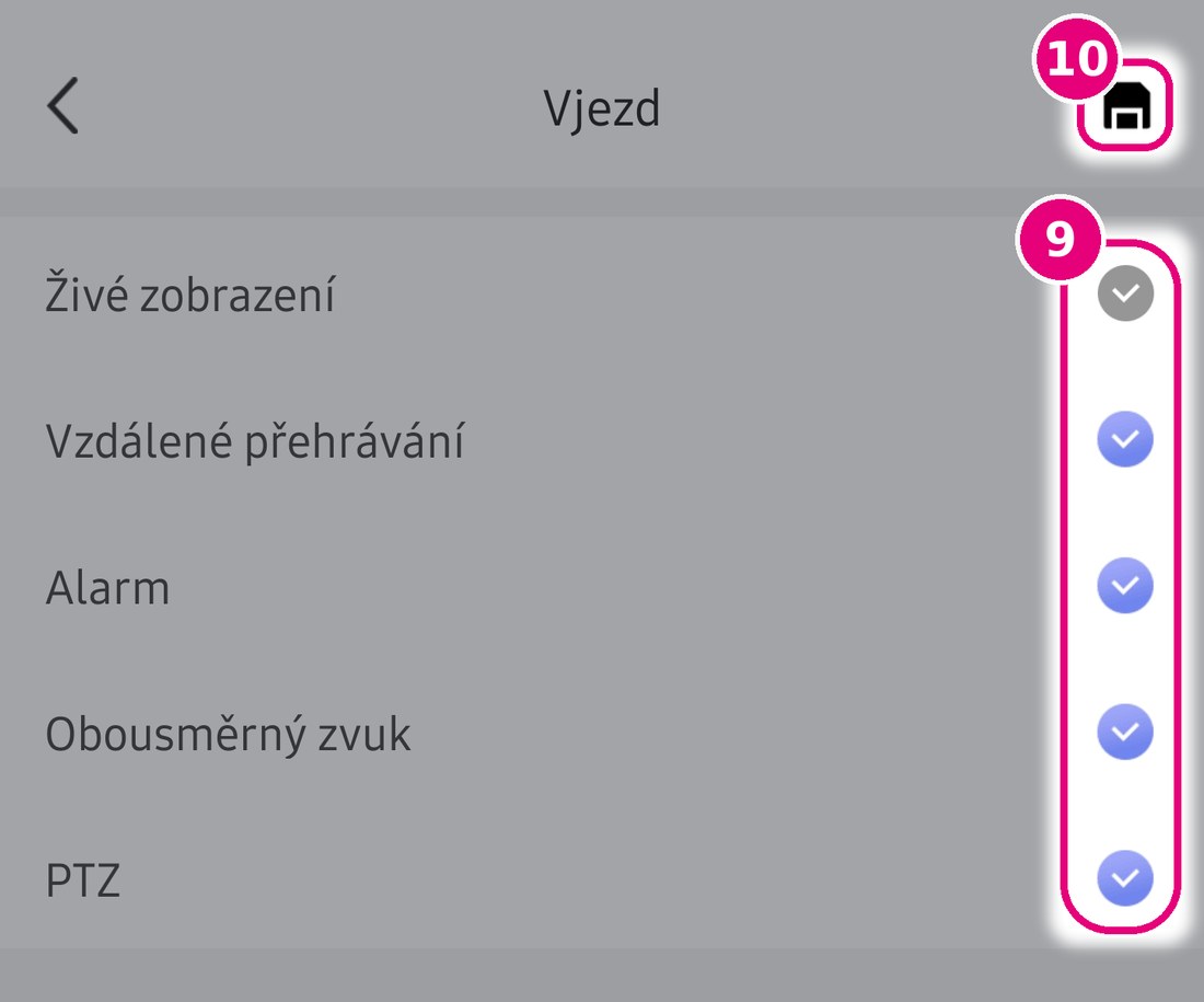 Oprávnění kamery Vjezd se zvýrazněnými přepínači a ikonou diskety pro uložení