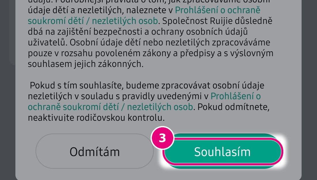 Dialog Prohlášení o ochraně osobních údajů s tlačítky Odmítám a Souhlasím