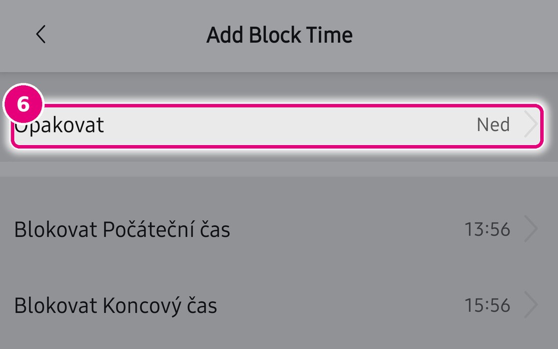 Obrazovka Add Block Time se zvýrazněným řádkem Opakovat