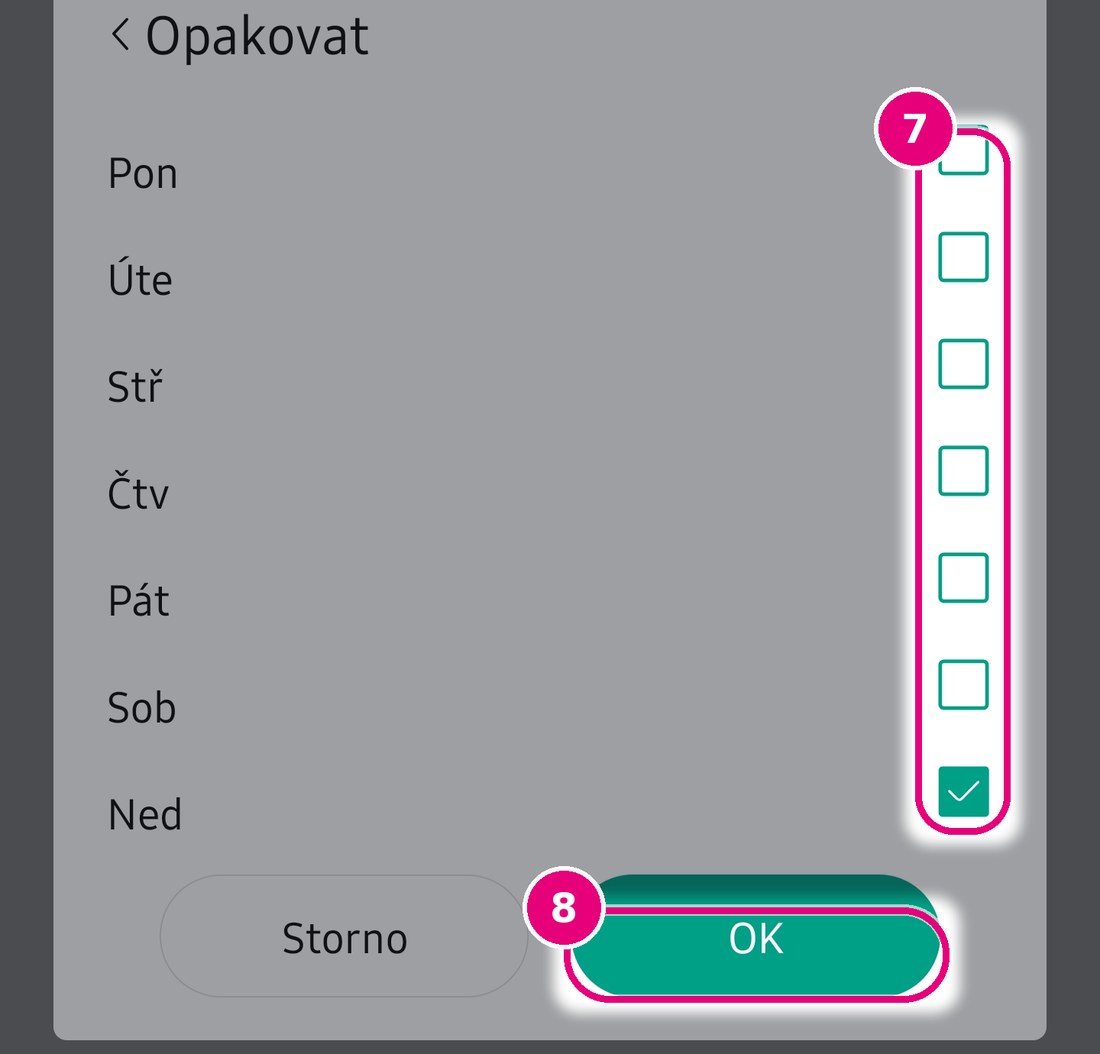 Dialog Opakovat s dny v týdnu a tlačítky Storno a OK
