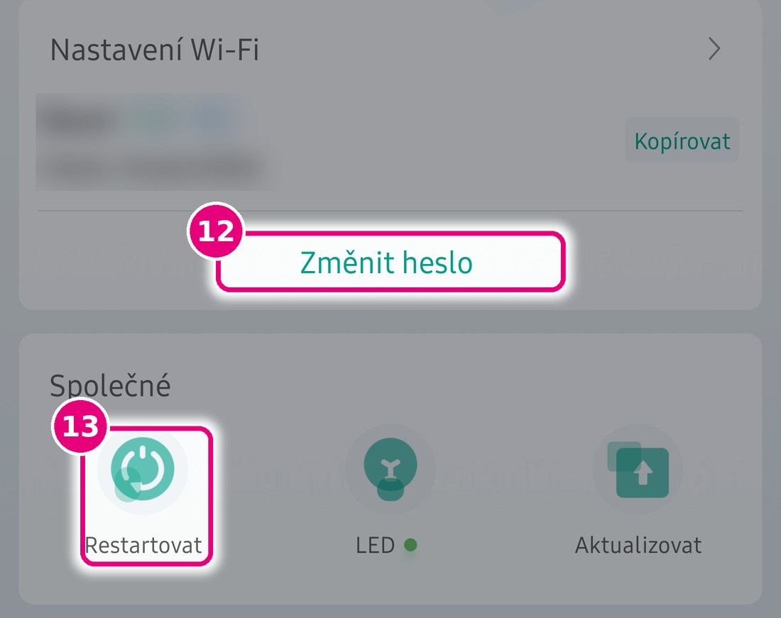 Záložka Nastavení se zvýrazněnou volbou Změnit heslo a tlačítkem Restartovat