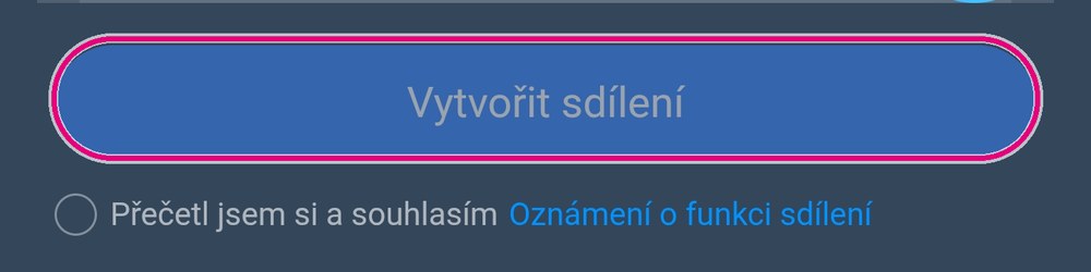 Bledé tlačítko Vytvořit sdílení a nezaškrtnutý souhlas pod ním