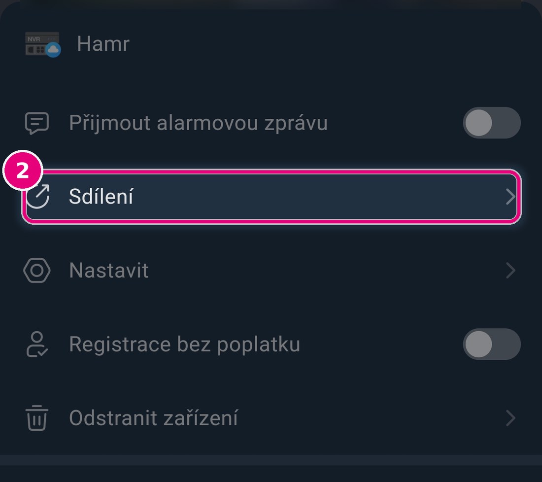 Nabídka zařízení se zvýrazněnou položkou Sdílení