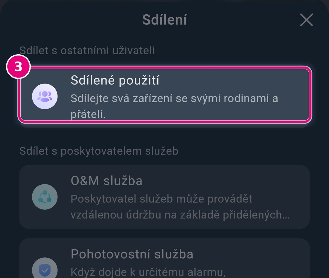Okno Sdílení se zvýrazněnou volbou Sdílené použití