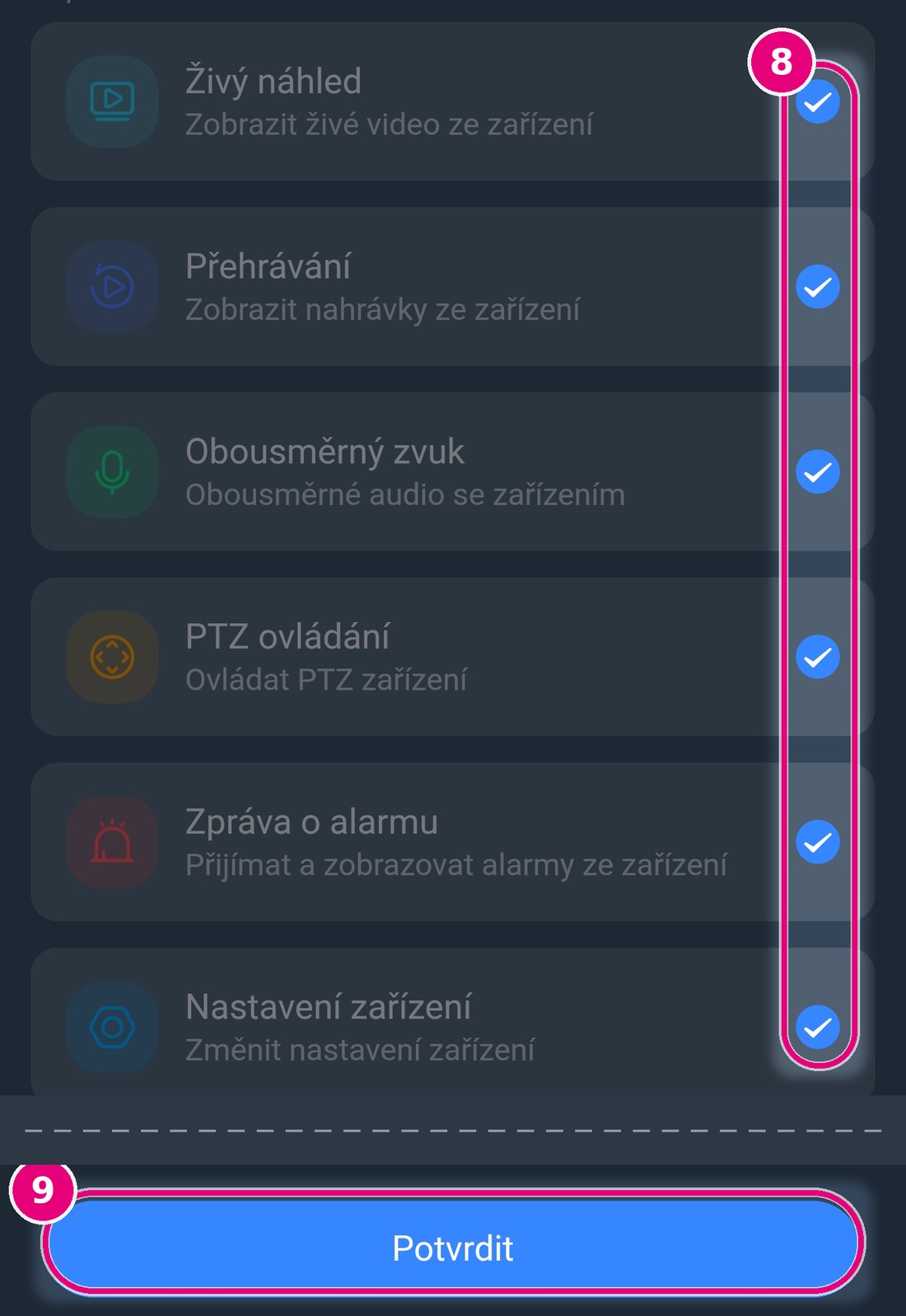 Obrazovka Oprávnění sdílení se zvýrazněnými přepínači a tlačítkem Potvrdit