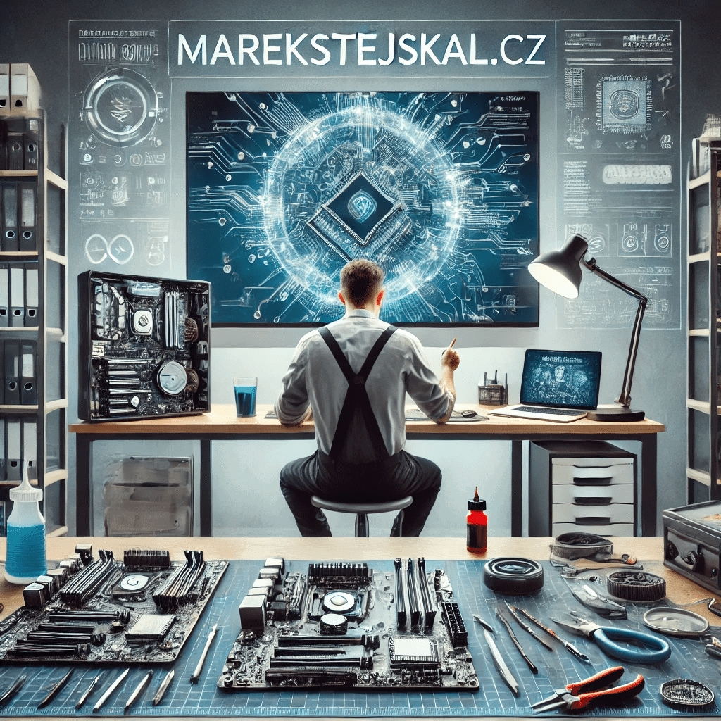 Marek Stejskal - servis PC a technologií Technik opravující počítač v moderním servisu Marek Stejskal.
