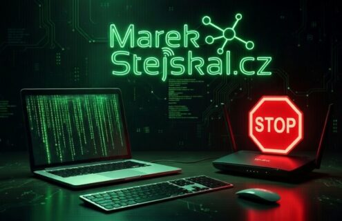 Ilustrace kybernetické bezpečnosti s notebookem a varovným symbolem STOP.
