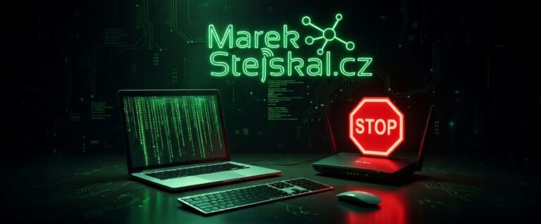 Ilustrace kybernetické bezpečnosti s notebookem a varovným symbolem STOP.