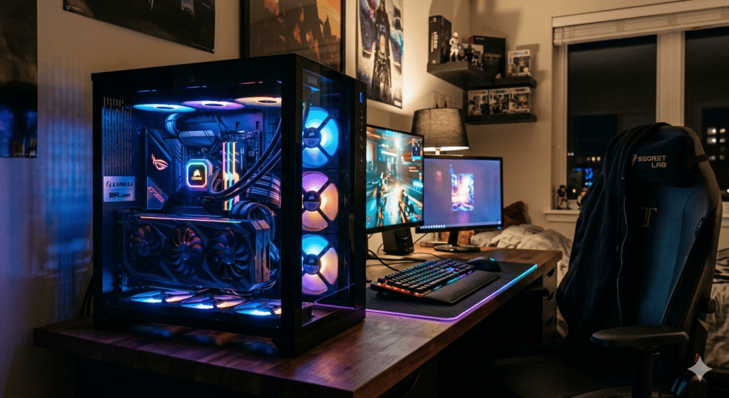 Herní počítač s osvětlením RGB a výkonným hardwarem na stole. Ideální pro hraní her i střih videa v.