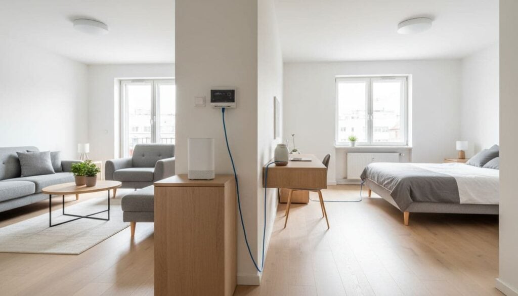 Interiér obývacího pokoje a ložnice s WiFi routerem a internetovým připojením.