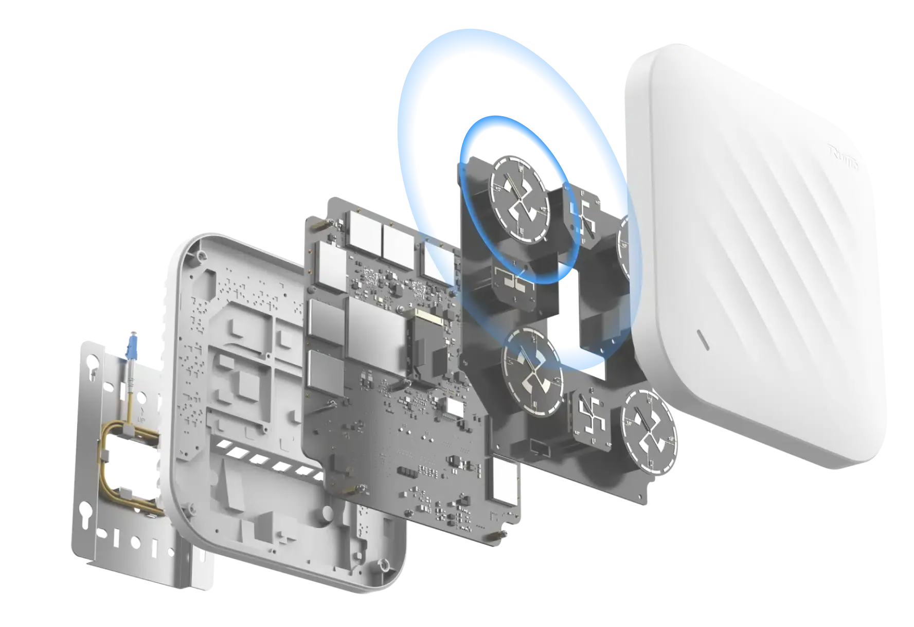 Router s odnímatelnou anténou a vnitřními součástkami pro zlepšení domácího WiFi signálu.