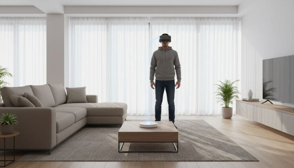 Člověk používá virtuální realitu v moderním obývacím pokoji s velkými okny.