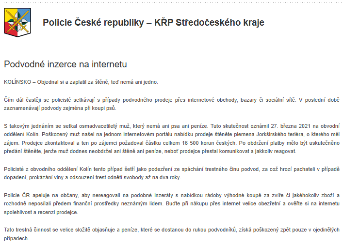 KOLÍNSKO – Objednal si a zaplatil za štěně