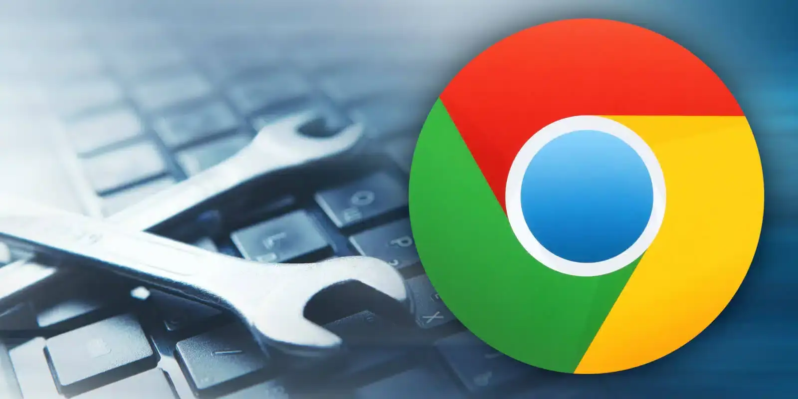Logo Google Chrome na klávesnici s nástroji pro opravu počítače.