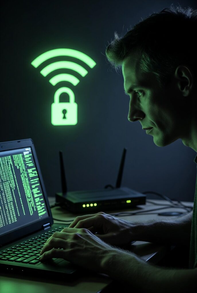 Muž hackující Wi-Fi s ikonou zámku a signálem na pozadí.