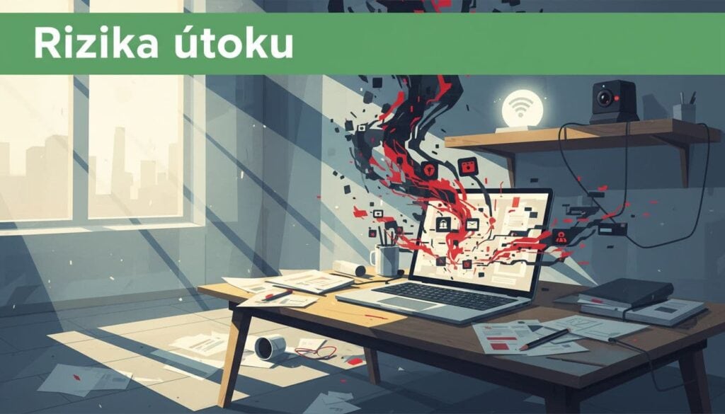 Ilustrace hackerského útoku na Wi-Fi síť s rozbitým počítačem a chaosem na stole.