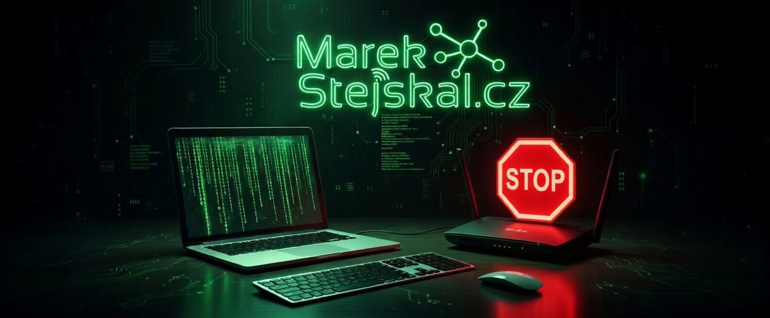 Ilustrace kybernetické bezpečnosti s notebookem a varovným symbolem STOP.